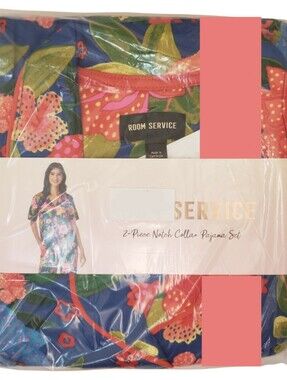 Room Service Pajama Set Women Blue (Blue Ground Flower) Notch Collar NWT